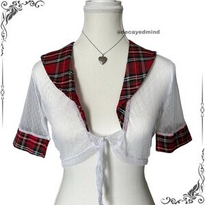 Y2K School Girl Style White and Plaid Polka Dot Mini Cropped Tie-up Top